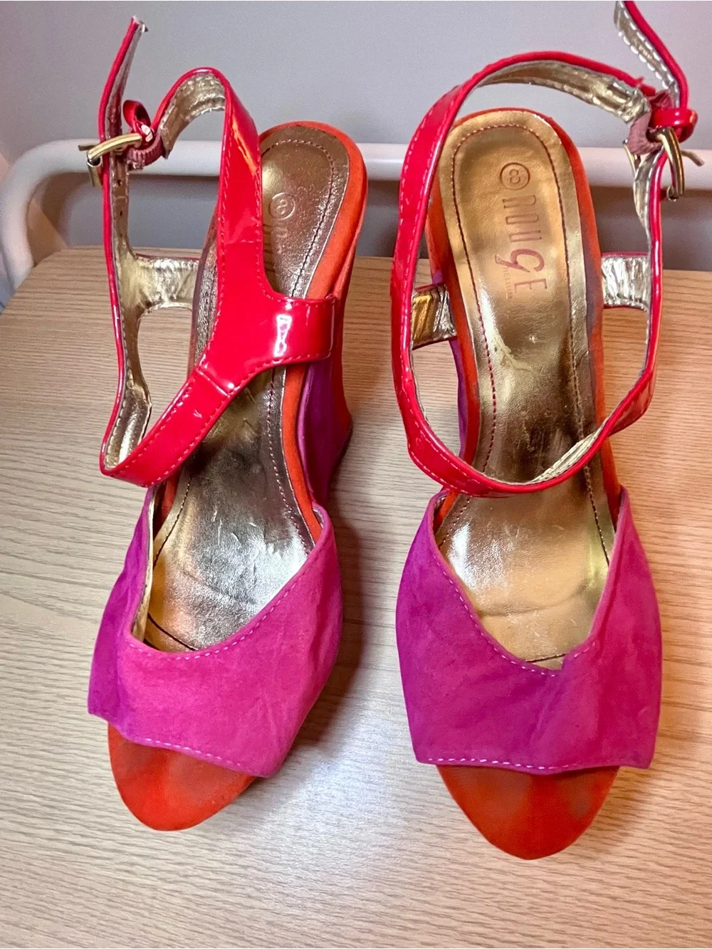 Rouge Helium Colorblock Wedge Sandals Platform Peep Toe - Pink, Red, Orange Sz 8